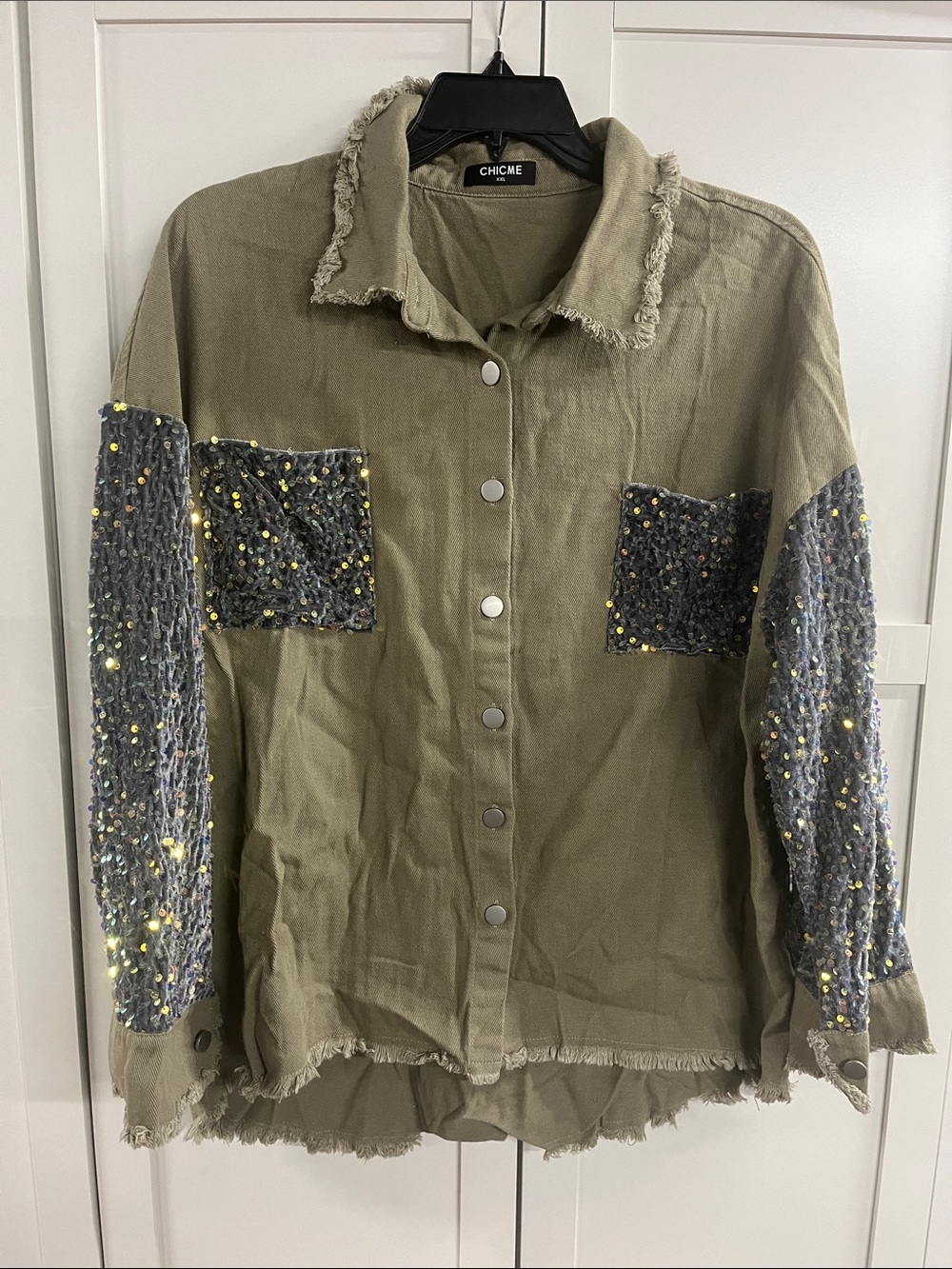Olive Utility Jacket with Frayed Collar and Sequin Details